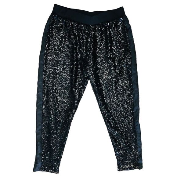 Victoria Secret Sport Pants Limited Edition Black Sequins Tuxedo Stripe Sz L - Picture 3 of 14